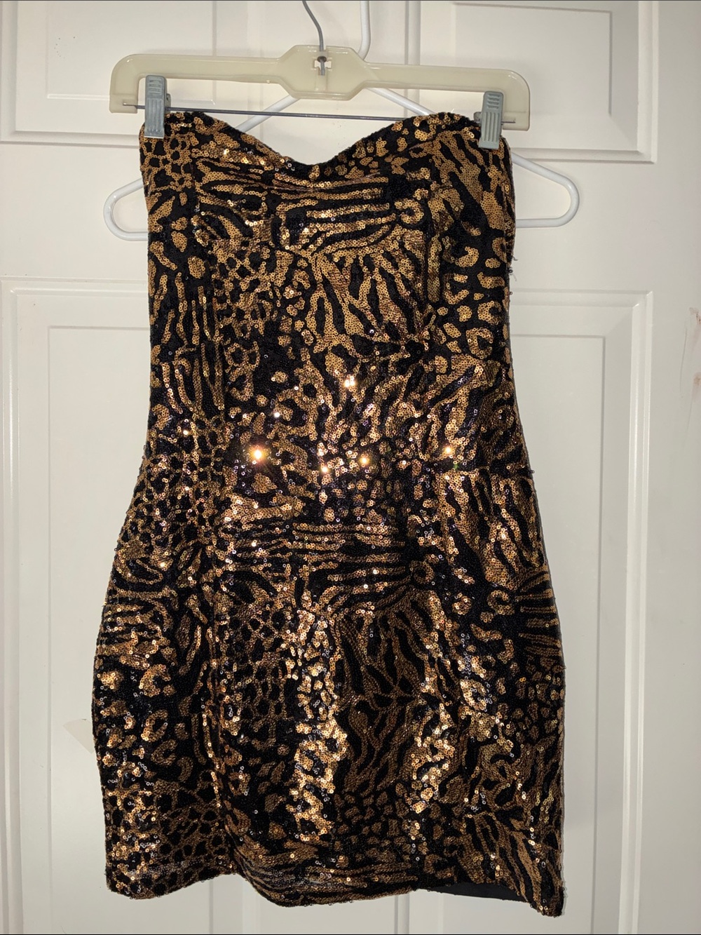 Papaya Black and Gold Sequin Strapless Mini Dress